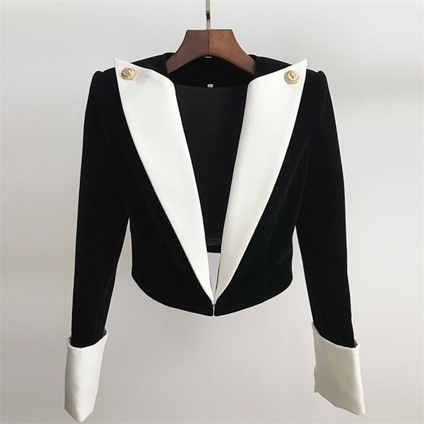 High Street EST Veste de designer élégante Boutons de lion pour femmes Color Block Patchwork Velvet Blazer court 210930