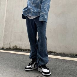 High Street European and American Hip-hop Flare Jeans Retro Black Blue Washed Worn Side Graffiti Flared Denim Pantalones Hombres Mujeres C0607
