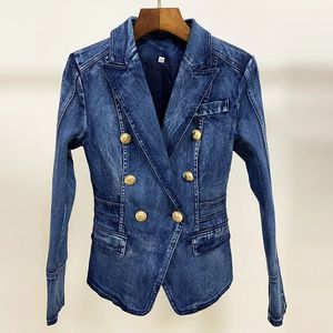 High Street Fashion 2024 Designer Blazer Jacket Womens Metal Lion Boutons Double Breasted Denim Blazer Outter Coat 240311