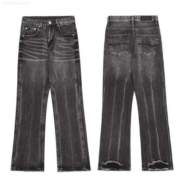 Moda de venta al por menor marca gato barba desgastada pantalón piernas lavadas negro gris Micro cuerno Casual calle Jeans