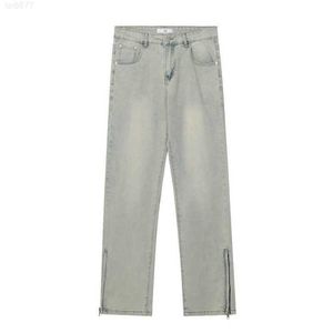 High Street Fashion Brand Pant Zoom Rits aan de zijkant Geel Moddergeverfd Slim Fit Rechte pijp Casual Jeanspuel