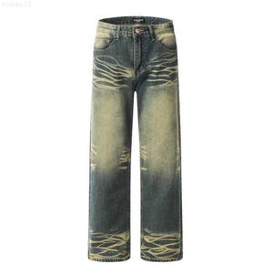 High Street Fashion Marca Lavado Degradado Amarillo Barro Teñido Vibe Tubo Recto Suelto Pierna Ancha Jeanskg68