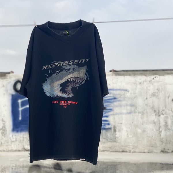 T-shirt à manches courtes, marque de mode, usé, lettre de requin, lavage répété, grand requin blanc