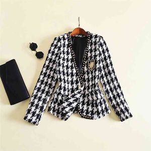 High Street Fashion Designer Jacket Dames Klinknagel Single Button Embroidery Symbool Houndstooth Tweed 210521