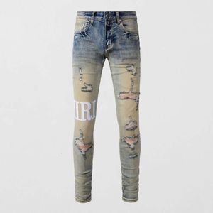 High Street Fashion Brand Jeans pour hommes Rétro Bleu Jaune Trou serré et cassé Commerce extérieur Grossiste Hip Hop Jeans pour hommes
