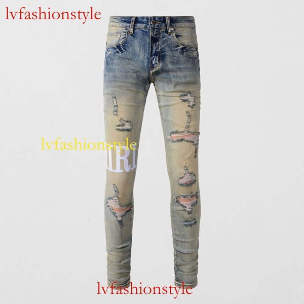 High Street Fashion Brand Jeans pour hommes Rétro Bleu Jaune Trou serré et cassé Commerce extérieur Gros Hip Hop Jeans Men's555