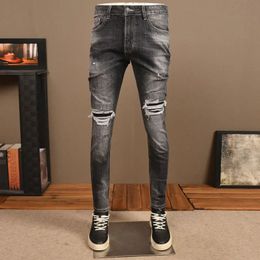 High Street Fashion Men Jeans Retro Black Grey Stretch Slim Fit Ripped Patted Hip Hop Denim Pants Hombre 231227