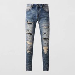 High Street Fashion Heren Jeans Retro Gewassen Blauw Stretch Skinny Fit Ripped Kralen Patched Designer Hip Hop Merk Broek 240113