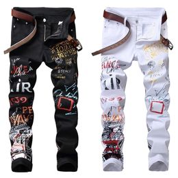 High Street Fashion Mens Jeans Night Club Zwarte Witte kleur Persoonlijke ontwerper Gedrukte jeans Men Punk Pants Skinny Hip Hop Jeans 201111