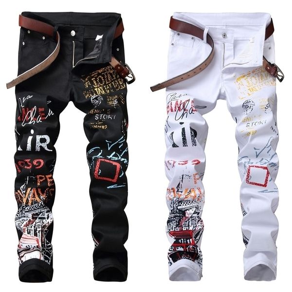 High Street Fashion Mens Jeans Night Club Noir Blanc Couleur Personal Designer Imprimé Jeans Hommes Punk Pantalon Skinny Hip Hop Jeans 201111