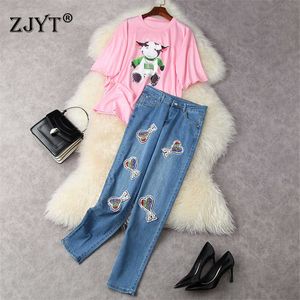 High Street Mode Zomer Casual Outfits Damesontwerpers Cartoon Losse T-shirt en Bead Jeans Broek Pak 2 Stuk Kleding Set 210601