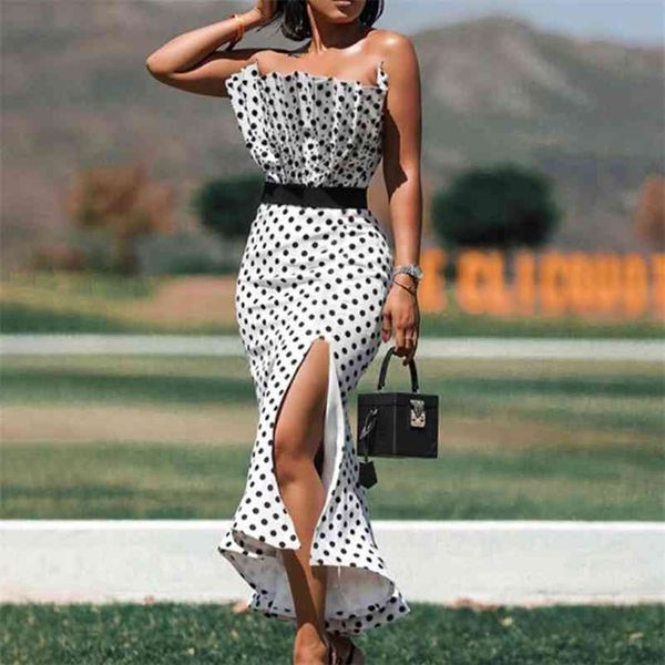 HIGH STREET Fashion Summer Designer Runway Dress Femmes Sans Bretelles Asymétrique Polka Dot Slit 210521