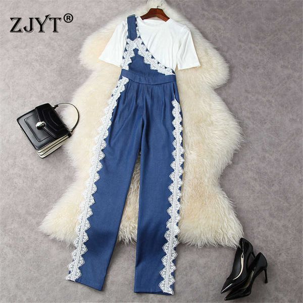 High Street Fashion Summer Lady Trajes de dos piezas Mujeres de manga corta blanca camiseta y encaje Patchwork Mods Jeans Pants Set 210601