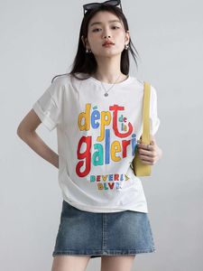 High Street Fashion Vintage Rainbow Letter Imprimé Round Loose Mens and Womens Short Sleeve