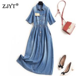 High Street Fashion Femmes Printemps Vêtements Designers Turn Down Col Solid Blue Denim Robe Midi Casual Robes 210601