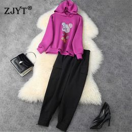 High Street Fashion Femmes Deux Pièces Tenues Automne Hiver Diamants À Capuche Cou Lâche Haut et Pantalon Costume Casual Twinset 210601