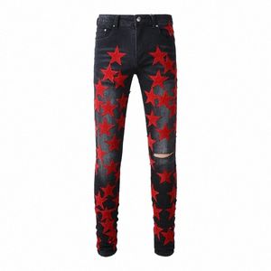 High Street Fi Mannen Jeans Zwarte Kleur Elastische Slim Fit Gescheurde Jeans Mannen Rode Sterren Patch Designer Hip Hop merk Broek Hombre L1on #