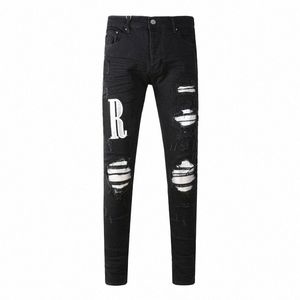 High Street Fi Hommes Jeans Noir Stretch Skinny Fit Ripped Jeans Hommes Sier Cuir Patché Designer Hip Hop Marque Pantalon i8c3 #