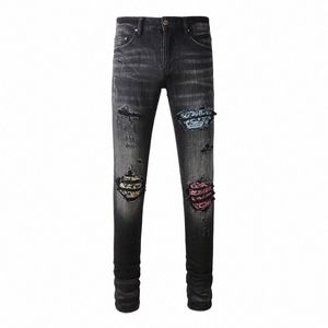 High Street Fi Hommes Jeans Rétro Noir Gris Stretch Skinny Fit Ripped Jeans Hommes Patché Designer Hip Hop Marque Pantalon Hombre w0w5 #