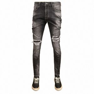 High Street Fi Hommes Jeans Rétro Noir Gris Stretch Slim Fit Ripped Jeans Hommes Patché Designer Hip Hop Denim Pantalon Hombre E0iY #