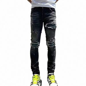 High Street Fi Hommes Jeans Rétro Noir Gris Stretch Skinny Fit Ripped Jeans Hommes Patché Designer Hip Hop Marque Pantalon Hombre i7Ko #