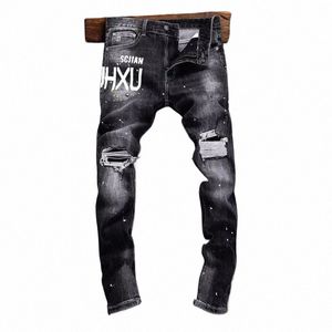 High Street Fi Hommes Jeans Rétro Noir Gris Stretch Slim Fit Peint Ripped Jeans Hommes Imprimé Designer Hip Hop Denim Pantalon U6me #