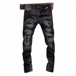 High Street Fi Hommes Jeans Rétro Noir Gris Stretch Slim Fit Ripped Jeans Hommes Patché Designer Hip Hop Denim Pantalon Hombre 27qJ #