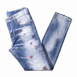 High Street Fi Hommes Jeans Rétro Bleu Élastique Slim Fit Ripped Jeans Hommes Perles Imprimé Designer Hip Hop Marque Pantalon Hombre Q5hA #