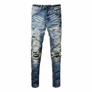 High Street Fi Hommes Jeans Rétro Bleu Stretch Skinny Fit Ripped Jeans Hommes En Cuir Patché Designer Hip Hop Marque Pantalon Hombre d1Y6 #