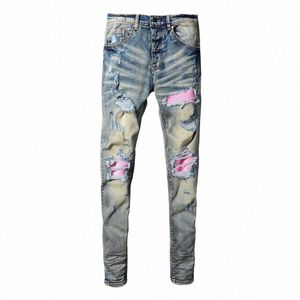 High Street Fi Mannen Jeans Retro Blauw Stretch Skinny Fit Gescheurde Jeans Mannen Roze Lederen Patched Designer Hip Hop Merk broek E0V9 #