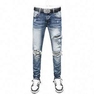 High Street Fi Mannen Jeans Retro Blauw Stretch Skinny Fit Gescheurde Jeans Mannen Lederen Patched Designer Hip Hop Merk broek Hombre z7iw #