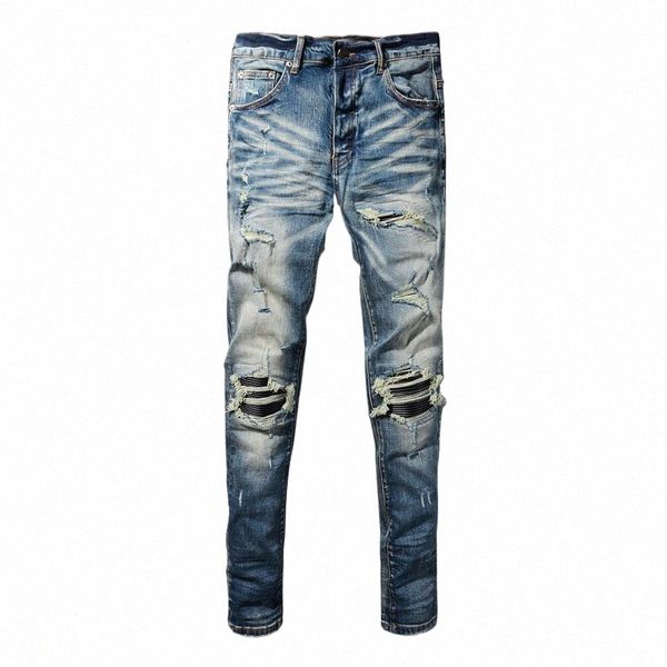 High Street Fi Hommes Jeans Rétro Bleu Stretch Skinny Fit Ripped Jeans Hommes En Cuir Patché Designer Hip Hop Marque Pantalon Hombre d1Y6 #
