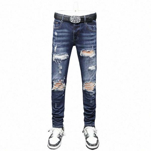 High Street Fi Men Jeans Retro Dark Blue Stretch Skinny Fit Ripped Jeans Hombres Cuero Parcheado Diseñador Hip Hop Marca Pantalones H8t4 #