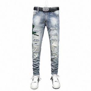 High Street Fi Hommes Jeans Rétro Mer Bleu Élastique Stretch Skinny Ripped Jeans Hommes Serpent Patch Designer Hip Hop Marque Pantalon i8iG #