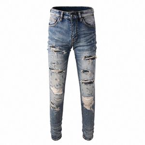 High Street Fi Mannen Jeans Retro Wed Blue Stretch Skinny Fit Patched Ripped Jeans Mannen Geschilderd Designer Hip Hop merk Broek N1kG #