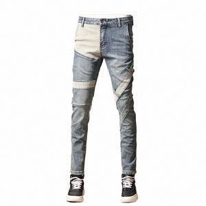 High Street Fi Mannen Jeans Retro Wed Blauw Stretch Slim Fit Patched Ripped Jeans Mannen Gesplitst Designer Hip Hop denim Broek b6Yq #