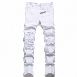 High Street Fi Jeans Blanc Trou Patch Élastique Slim Fit Plissé Hommes Jeans Skinny Solide Haute Qualité Denim Pantalon 36IP #