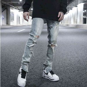 High Street Geomantic Wash Damage Slim Fit Stretch Jeans Moto Pantalon National Fashion Hole Zipper Leggings Pour Hommes Femmes G0104