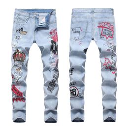 High Street Hip-hop tendance hommes couleur claire en détresse brodé haut de gamme 3D imprimé roi élastique jean