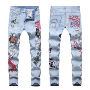 High Street Hip-hop tendance hommes couleur claire en détresse brodé haut de gamme 3D imprimé roi élastique jean