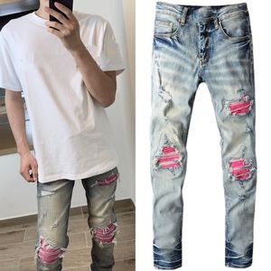 High Street Jeans Slim Fit et trou Patch Pantalon FOG Fashion Mens Jeans Slim Skinny Crayon Pantalon Violet Designer Jeans