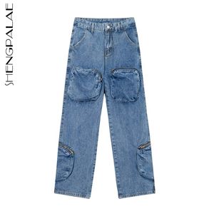 High Street Loose Wide Leg Straight Jeans Femmes Printemps Hip Hop Big Pocket Washed Denim Cargo Pants 5B382 210427