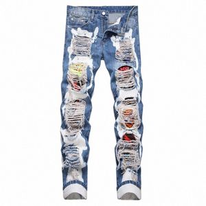 High Street Hommes Ripped Patch Jeans Mi-taille Casual Jambe droite Pantalon Hip Hop Tendance Pantalons décontractés B9me #