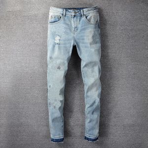 High street moto wave jeans bleu clair croix imprimé effiloché slim fit hommes jeans
