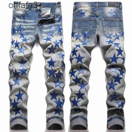 High Street Nieuwe Gebroken Blauwe Ster Patch Modieuze Slanke Voeten Rekbare Jeans Mannelijke Mode