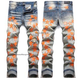 High Street New Broken Orange Patch Slim Fit Pie pequeño Full Sky Star Jeans elásticos Moda para hombres