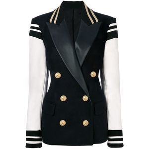 High Street New Fashion Blazer élégant Varsity Veste Femme Manches en cuir Patchwork Lion Boutons Blazer 201114