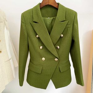 ¡Novedad de 2021! Blazer de diseñador clásico de HIGH STREET, chaqueta con textura entallada de doble botonadura con botones de león para mujer, verde militar X0721