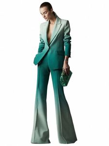 High STREET Nieuwste Fi 2024 Designer Pak Set vrouwen Gradiëntkleur Gedrukt Single Butt Blazer Flare Broek Pak 2 stks o3eu #