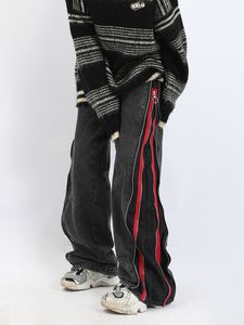 High Street Pants Flare Jeans for Men Long Zipper Patchwork Punk Pant Hip Hop Fashion Motorcycle broek